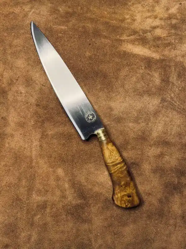 Faca Artesanal de Churrasco Acetinada – Radica Imbuia com Cabo Pistol